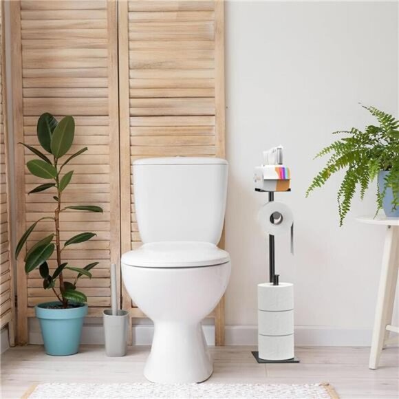 Black Toilet Paper Holder Stand with Shelf Free Standing Bathroom Storage Rack - Picture 6 of 7